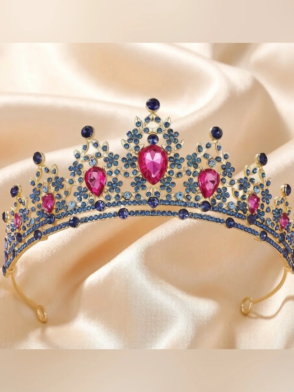 Gold Gemstone Tiara Crown with Pink and Blue Accents - Women Accessories